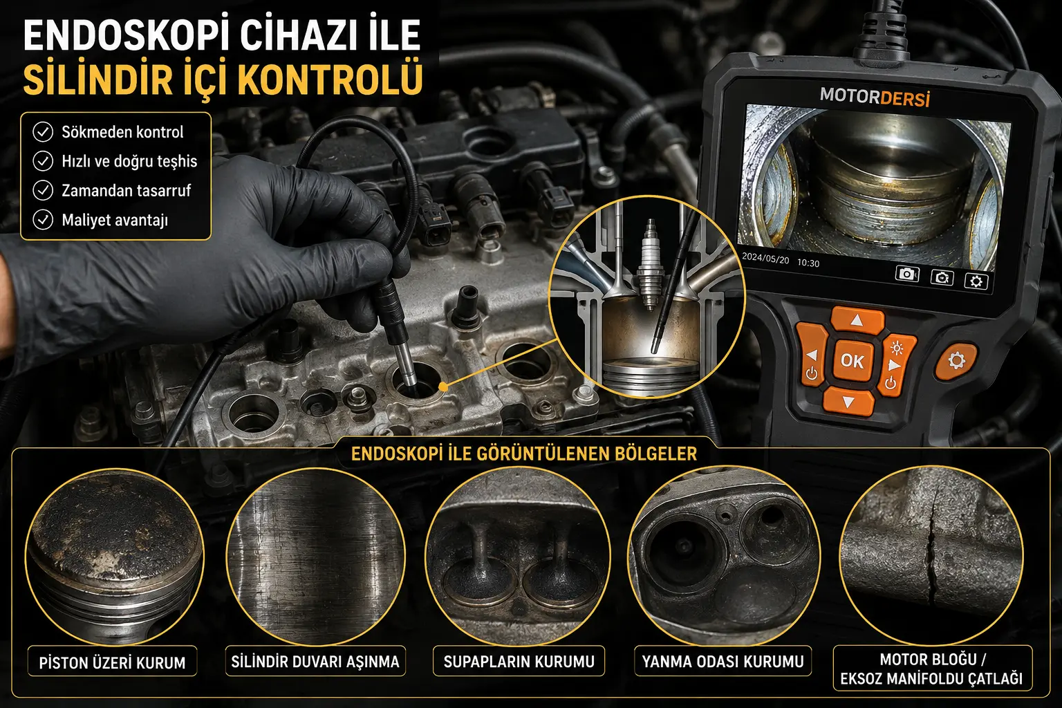 Endoskopi cihazı ile motor silindiri kontrolü ve silindir içi arıza tespiti