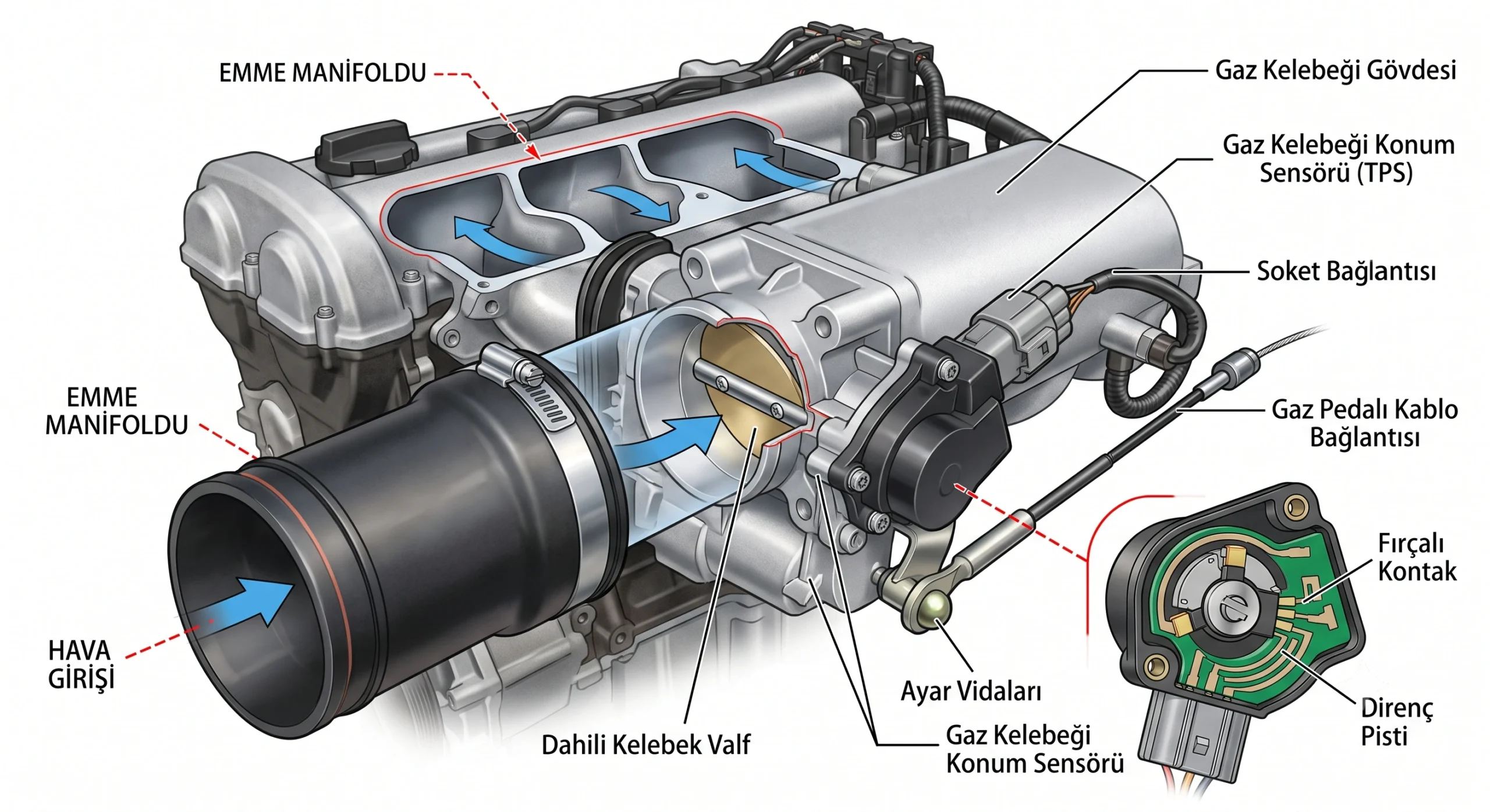 Motorda gaz kelebeği konum sensörünün yerini gösteren bir görsel