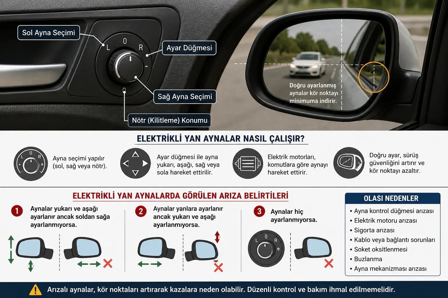 Elektrikli yan ayna arızası belirtileri, ayna kontrol düğmesi ve elektrikli yan aynanın çalışma prensibini gösteren görsel.