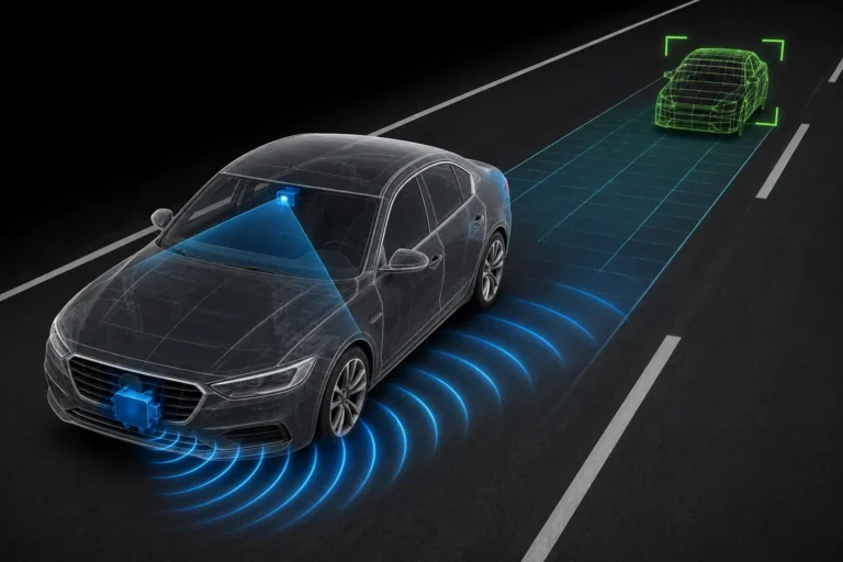 Adaptif Cruise Control radar sensörü ve ön kamera ile araç algılama sistemi.