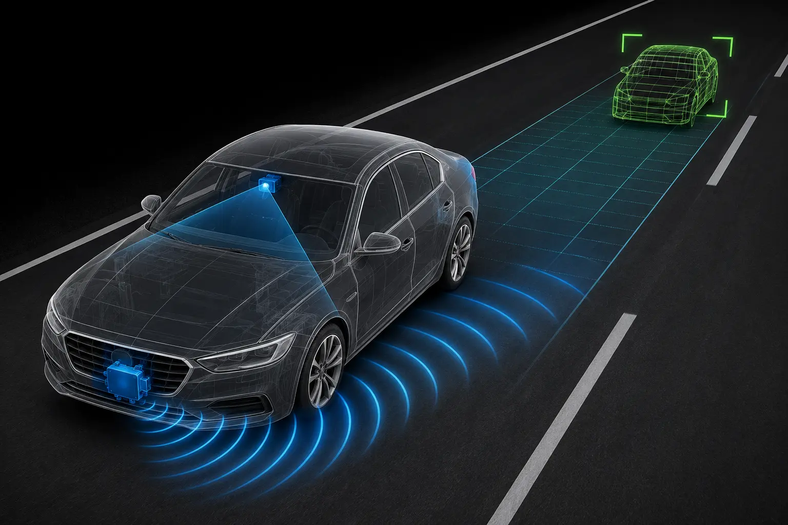 Adaptif Cruise Control radar sensörü ve ön kamera ile araç algılama sistemi.