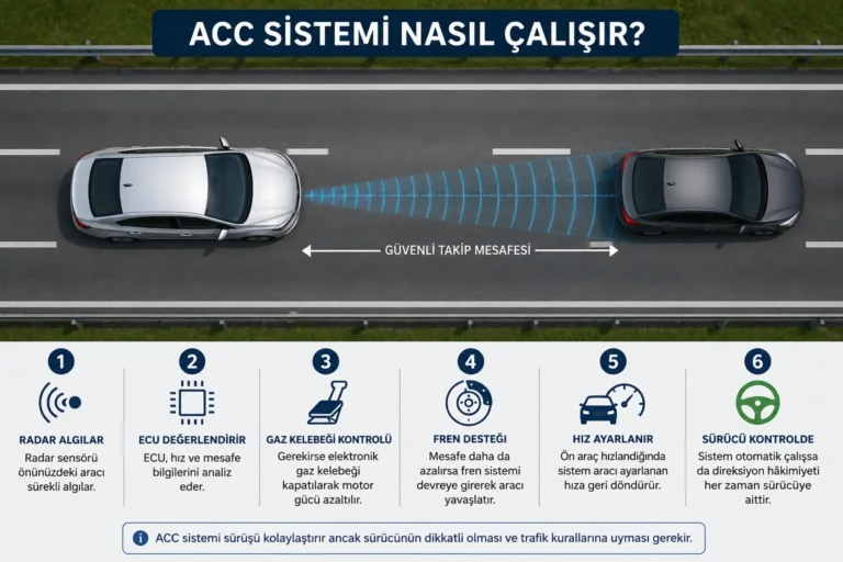 ACC sistemi radar sensörü ile öndeki aracı algılayarak aracın hızını otomatik olarak ayarlar.