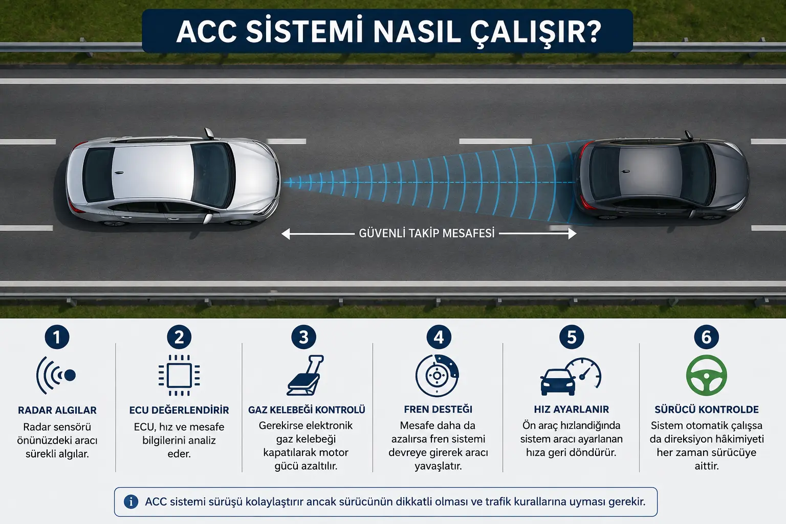 ACC sistemi radar sensörü ile öndeki aracı algılayarak aracın hızını otomatik olarak ayarlar.