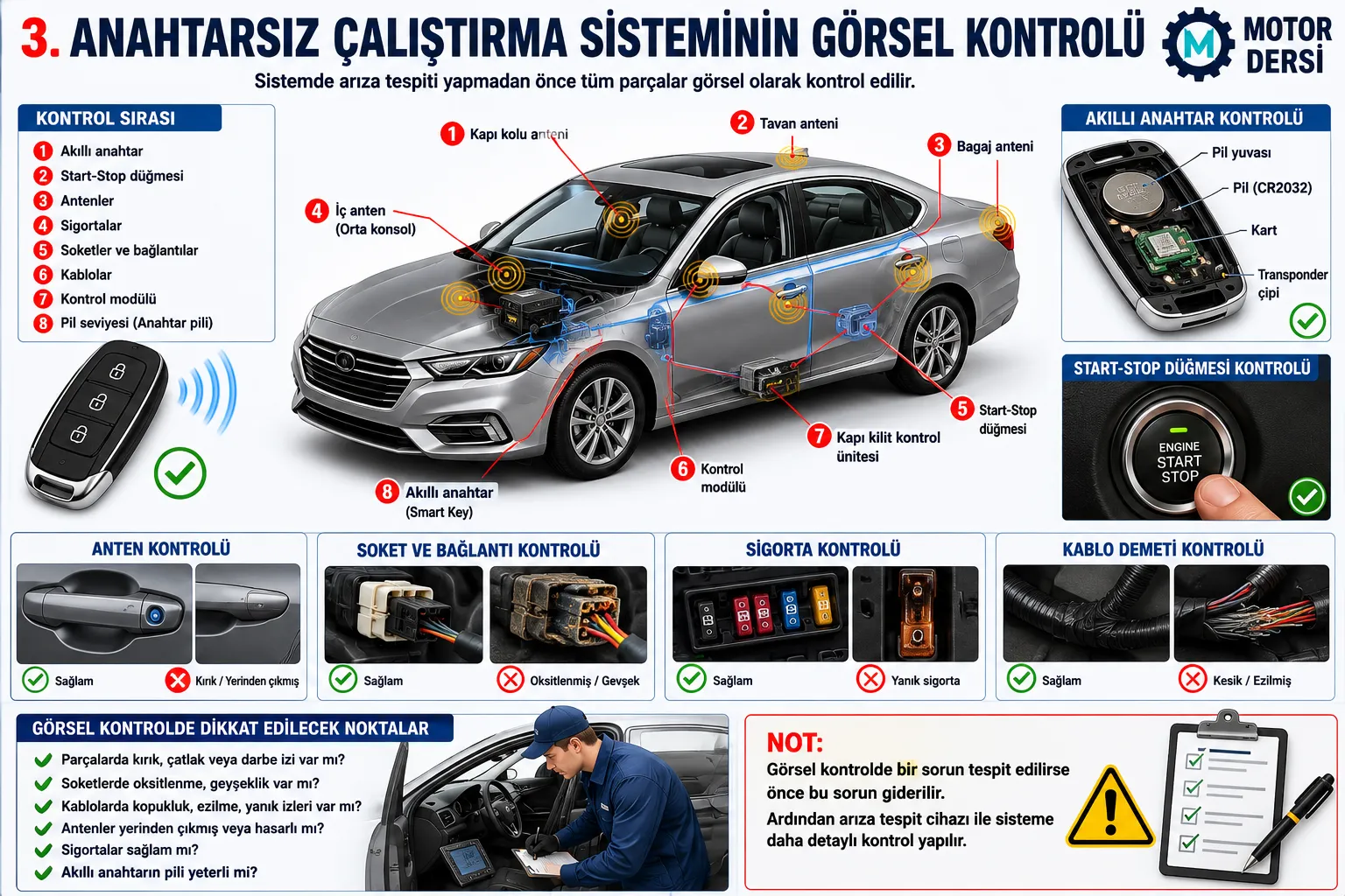 Anahtarsız çalıştırma sisteminde görsel kontrol işlemleri ve kontrol noktaları