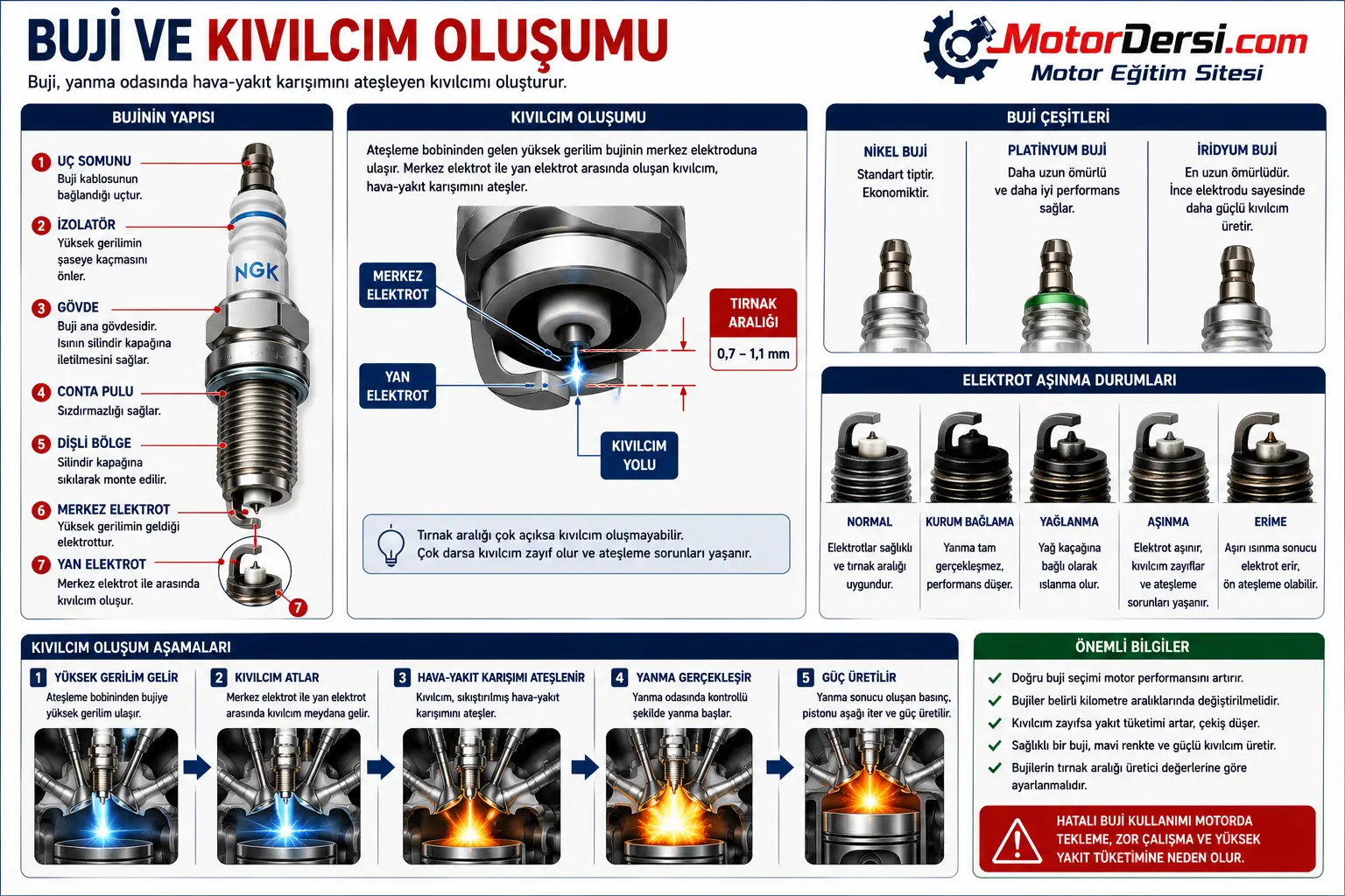 Buji ve kıvılcım oluşumu, elektrot yapısı ve yanma odasındaki ateşleme süreci