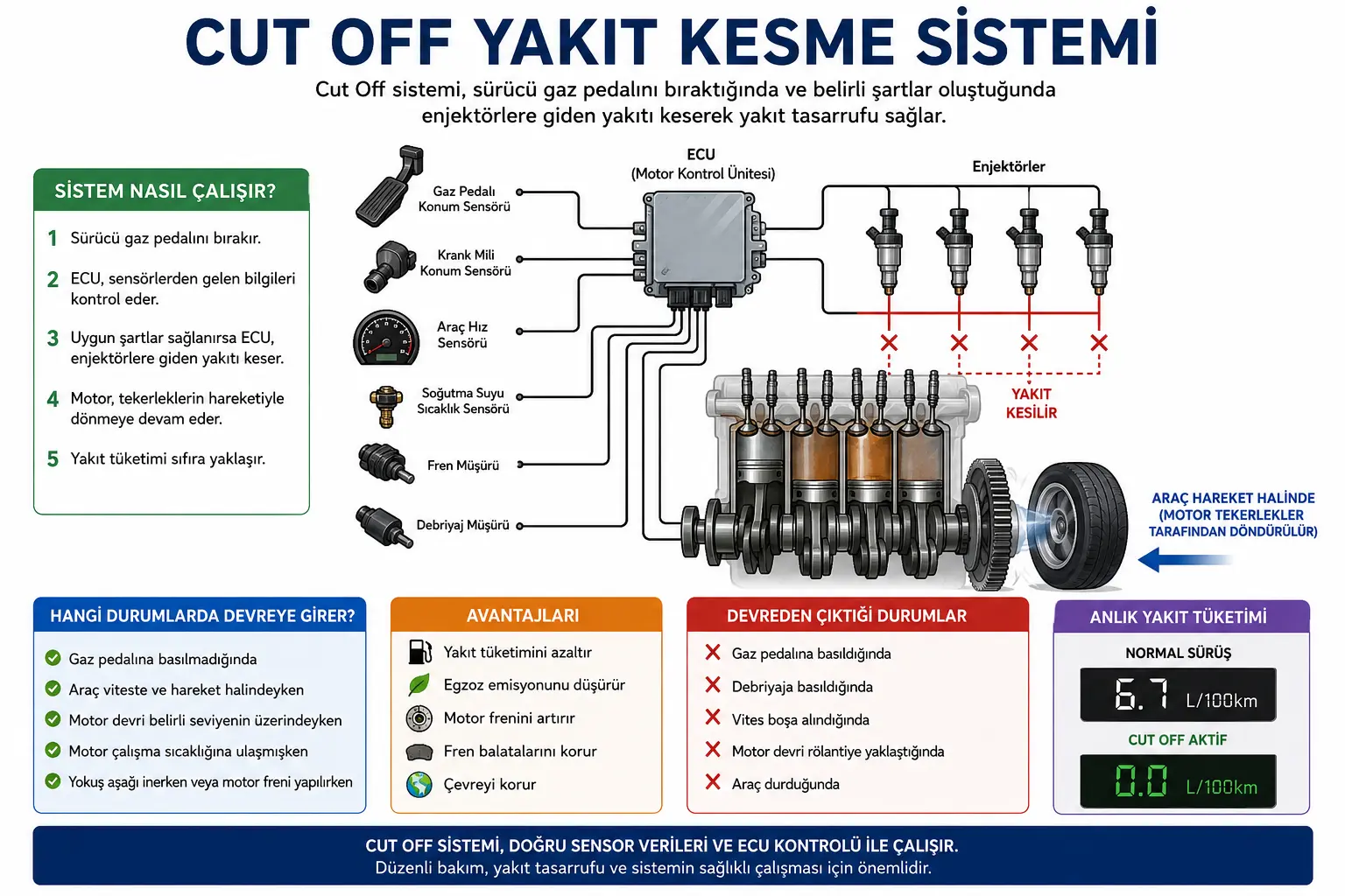 Cut Off yakıt kesme sisteminin ECU, sensörler ve enjektörler ile çalışma prensibini gösteren teknik şema.