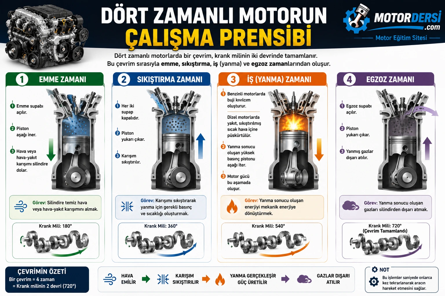 Dört zamanlı motorun emme sıkıştırma yanma ve egzoz zamanlarını gösteren infografik
