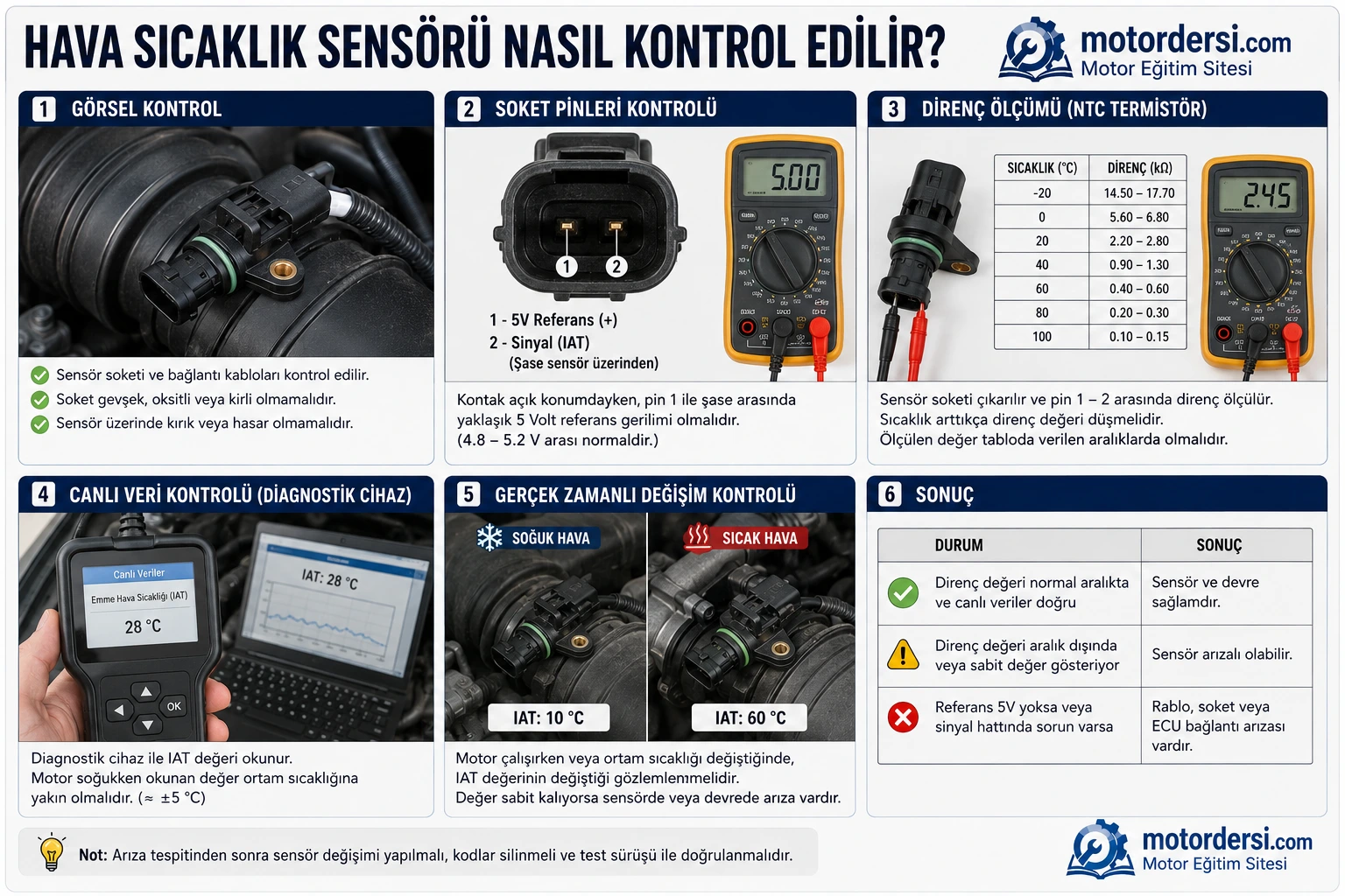 Hava sıcaklık sensörünün (IAT) kontrol edilmesini gösteren eğitim görseli. Görsel kontrol, referans voltajı ölçümü, NTC termistör direnç testi, diagnostik cihaz ile canlı veri kontrolü ve arıza değerlendirme adımları gösterilmektedir.