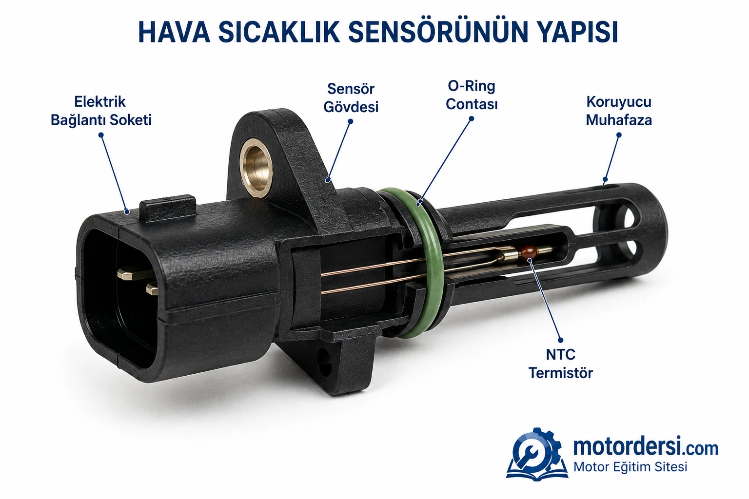 Hava sıcaklık sensörünün (IAT) yapısını gösteren şematik görsel. Elektrik bağlantı soketi, sensör gövdesi, O-ring contası, NTC termistör ve koruyucu muhafaza parçaları gösterilmektedir.