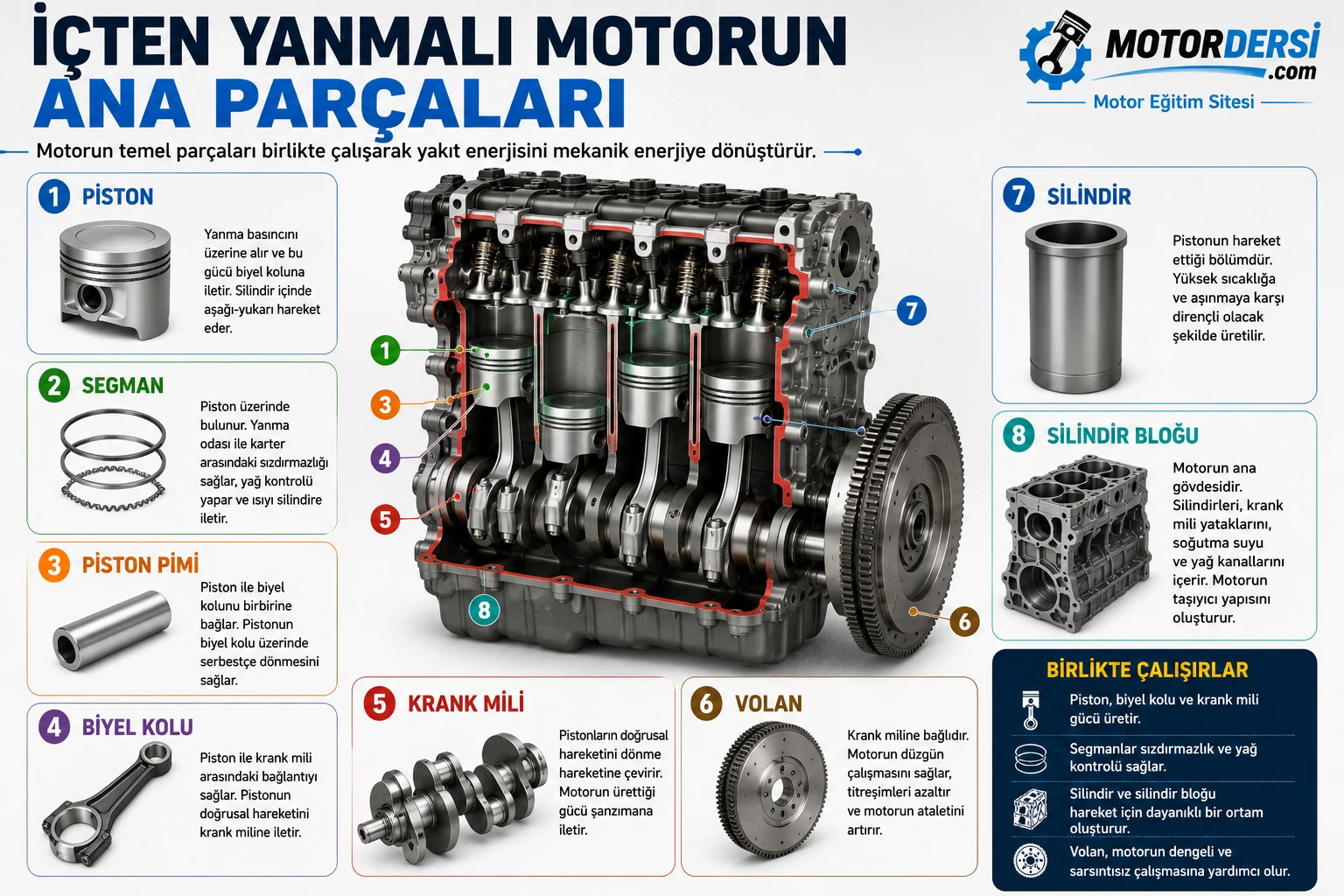 Piston segman piston pimi biyel kolu krank mili volan silindir ve silindir bloğu parçaları