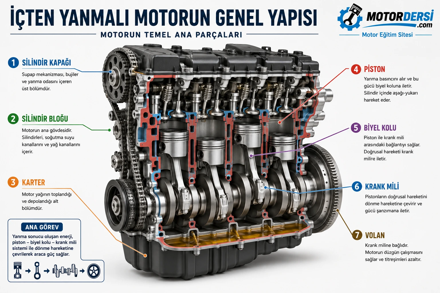 İçten yanmalı motorun silindir bloğu piston biyel kolu krank mili ve volan parçalarını gösteren kesit görünüş
