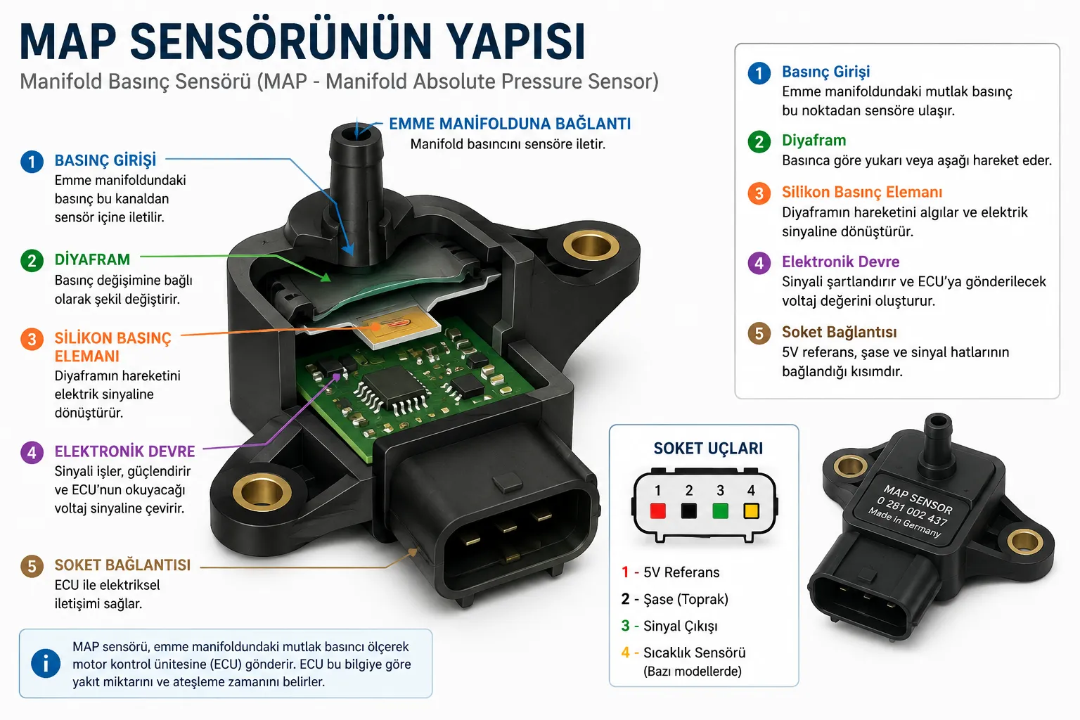 MAP sensörünün iç yapısı ve temel parçalarını gösteren teknik eğitim görseli