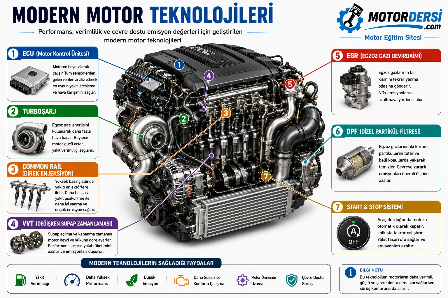ECU turboşarj common rail VVT EGR DPF ve start stop sistemlerini gösteren modern motor teknolojileri