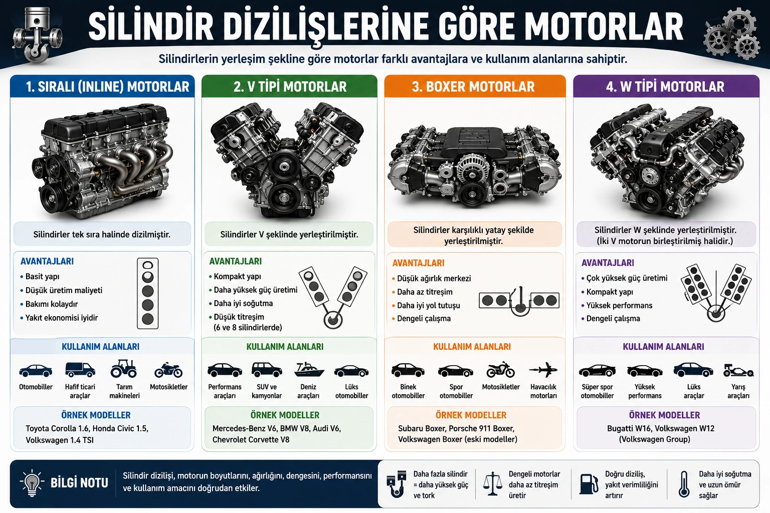 Sıralı, V tipi, Boxer ve W tipi motorların silindir dizilişleri