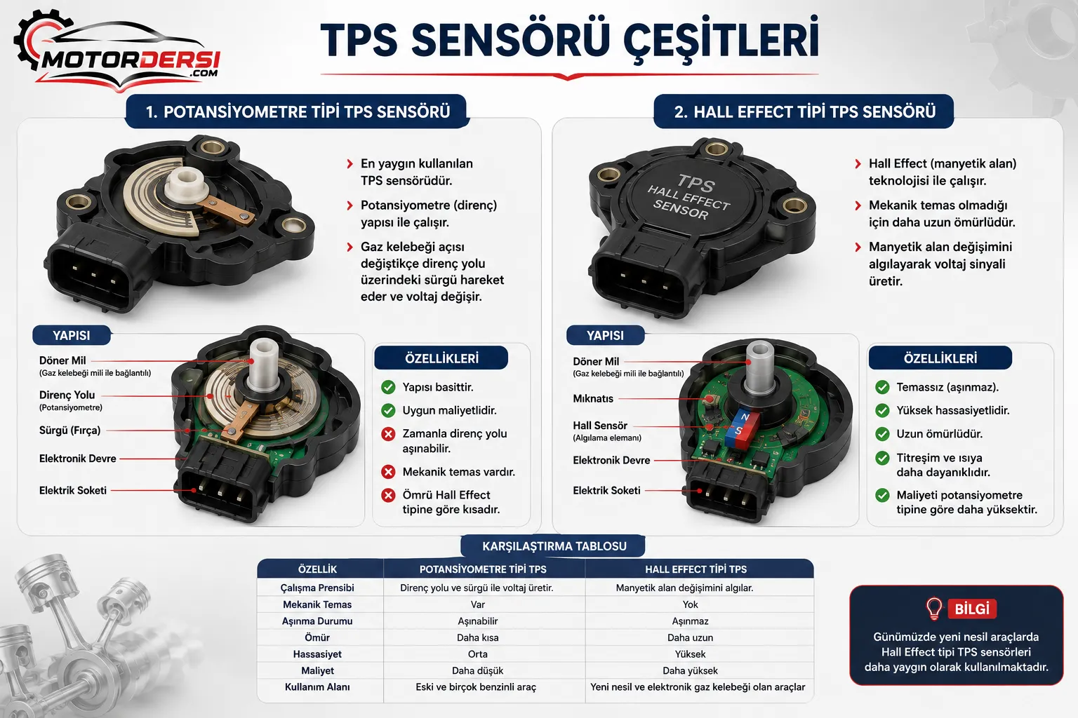 Potansiyometre tipi ve Hall Effect tipi gaz kelebeği konum sensörlerinin karşılaştırıldığı teknik görsel.