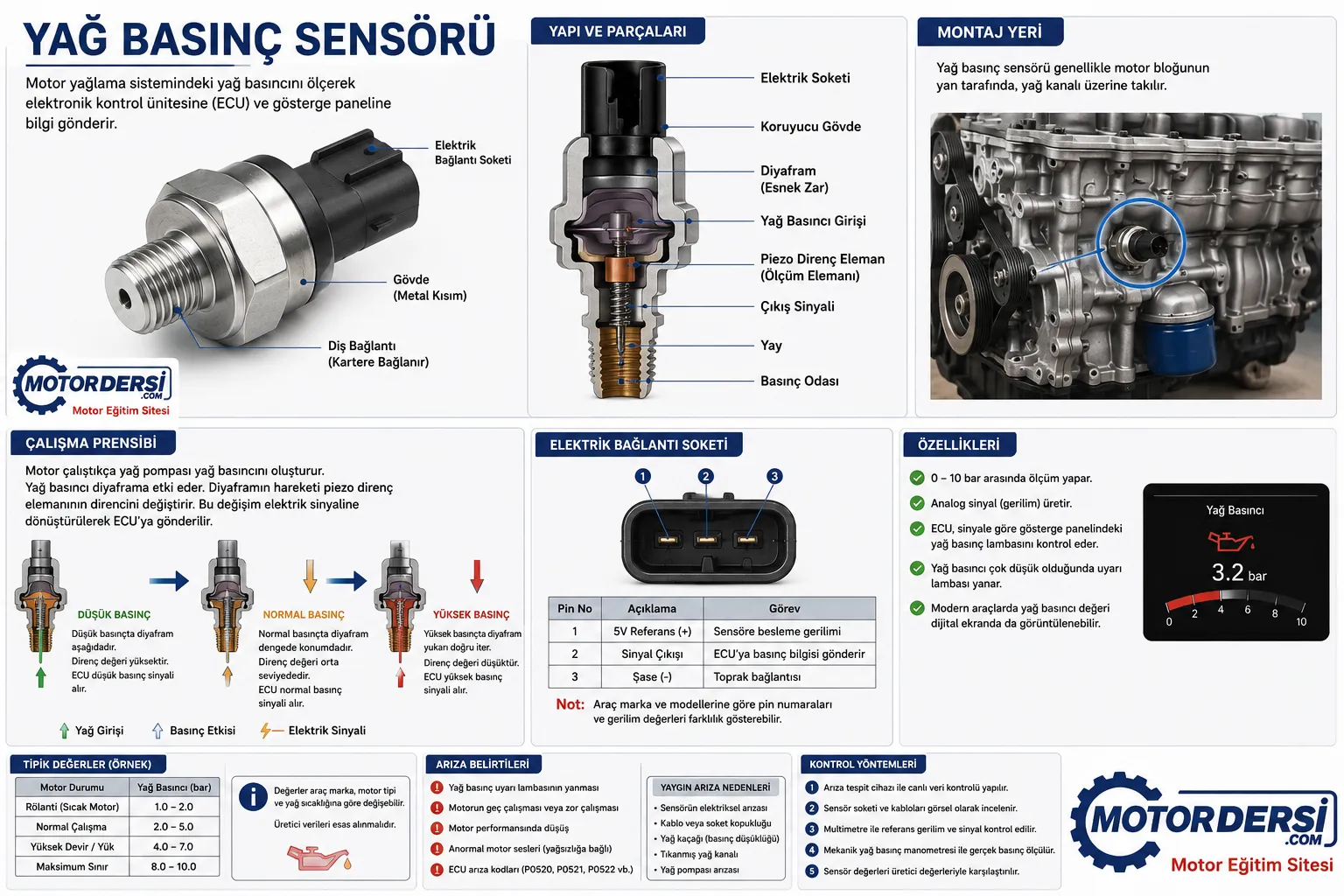 Motor yağ basınç sensörünün yapısını, çalışma prensibini, elektrik bağlantısını ve kontrol yöntemlerini gösteren teknik eğitim görseli.