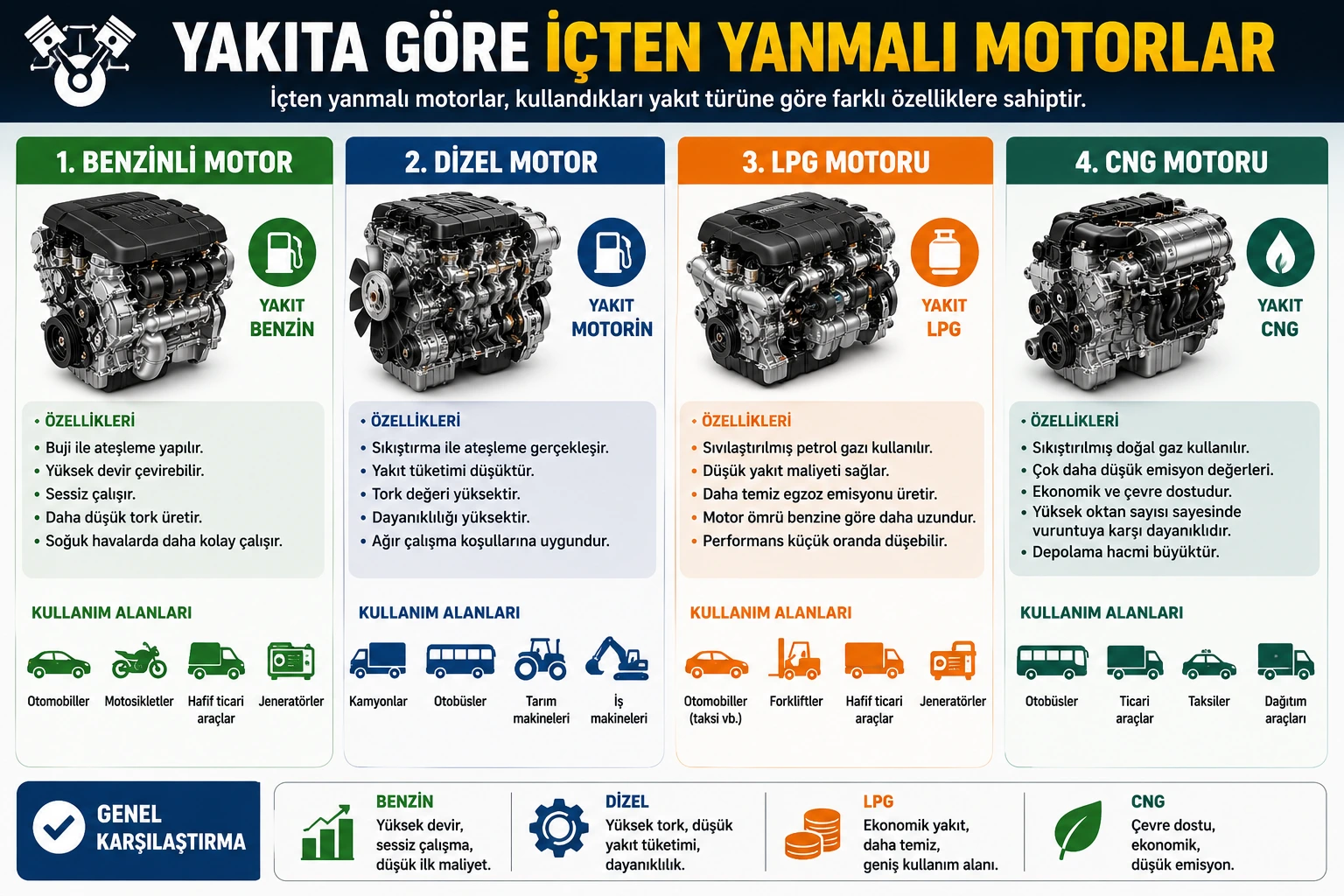 Benzinli, dizel, LPG ve CNG motor çeşitlerini gösteren eğitim görseli