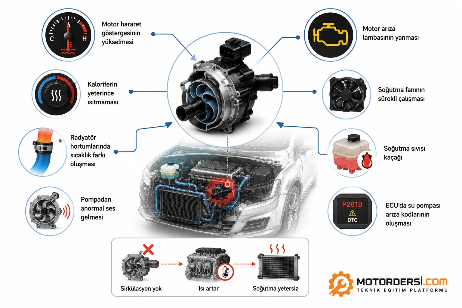 Hibrit araçlarda elektrikli su pompasının ECU kontrolünde soğutma sıvısını nasıl dolaştırdığını gösteren eğitim görseli.