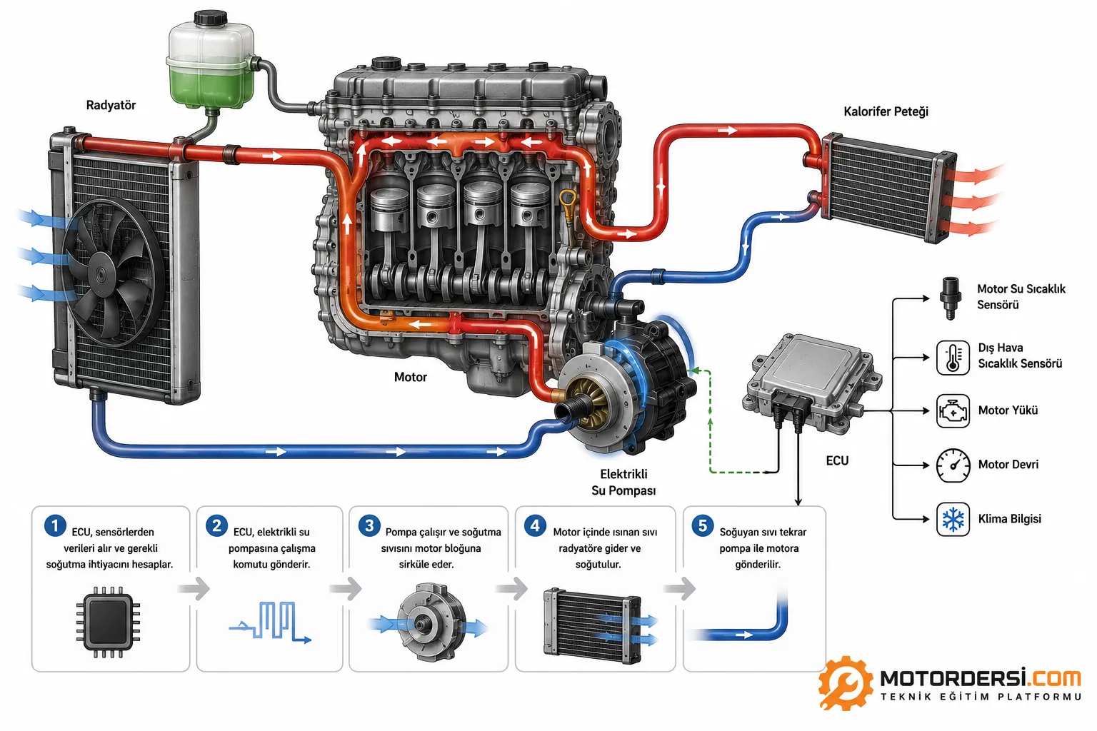 Elektrikli su pompasının soğutma sıvısını dolaştırma prensibi.