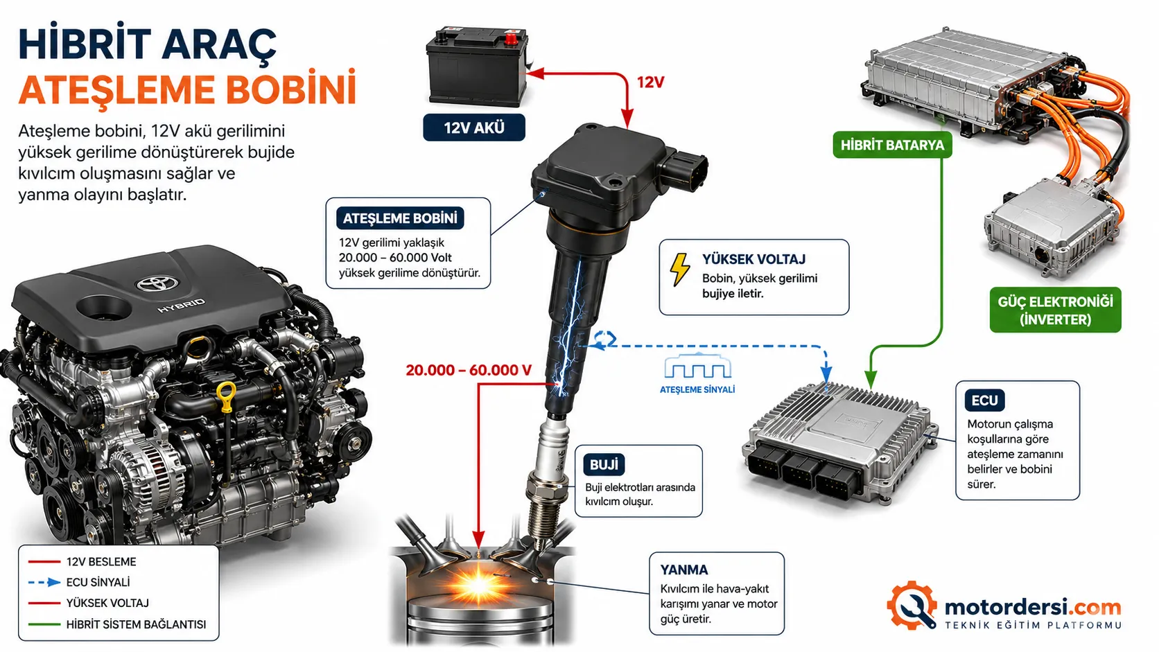 Hibrit araç motorunda ateşleme bobini, ECU ve buji arasındaki çalışma sistemi