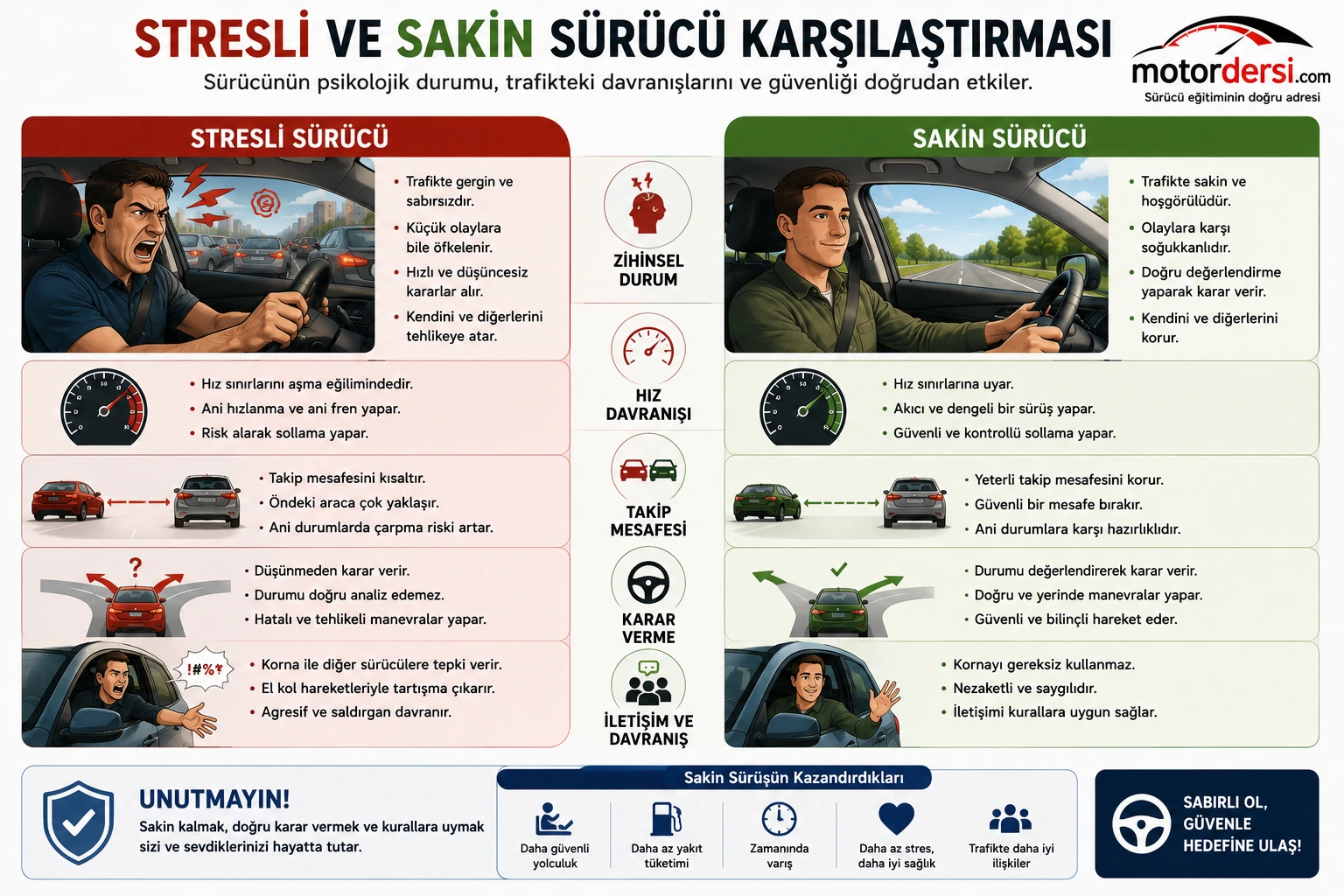 Trafikte sakin ve stresli sürücü karşılaştırılması ile farkı görün