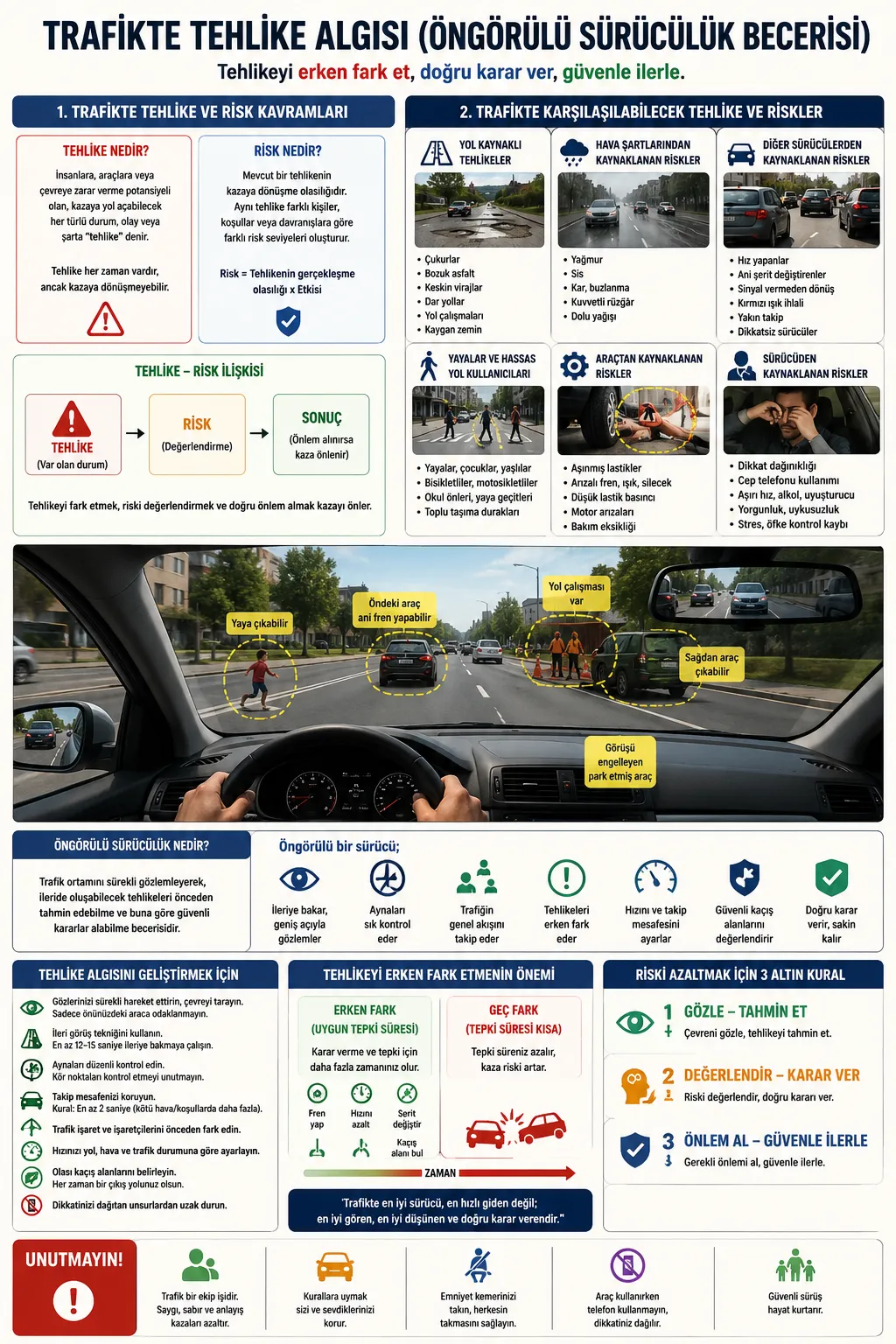 Trafikte tehlike algısı, risk değerlendirmesi ve öngörülü sürücülük becerilerini anlatan kapsamlı eğitim infografiği.