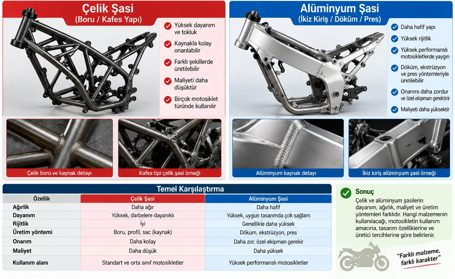 Çelik ve alüminyum motosiklet şasilerinin yapısal özellikleri
