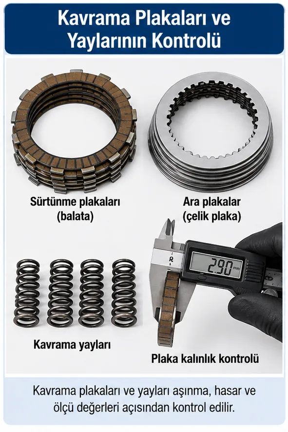 Motosiklet kavrama plakaları ve yaylarının kontrolü