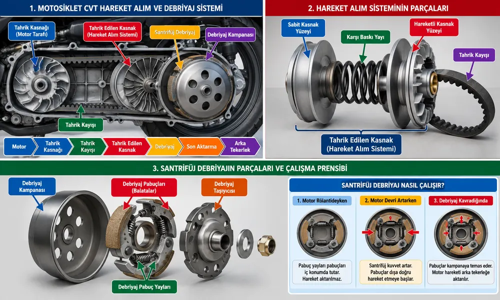 Motosiklet CVT hareket alım ve debriyaj sistemi