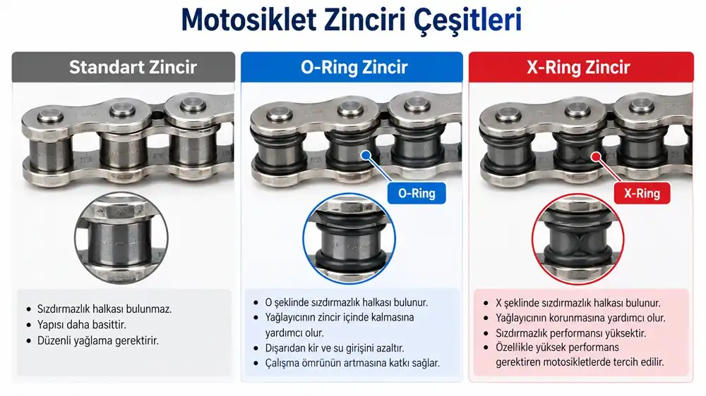 Motosiklet zinciri çeşitleri Standart O-Ring ve X-Ring