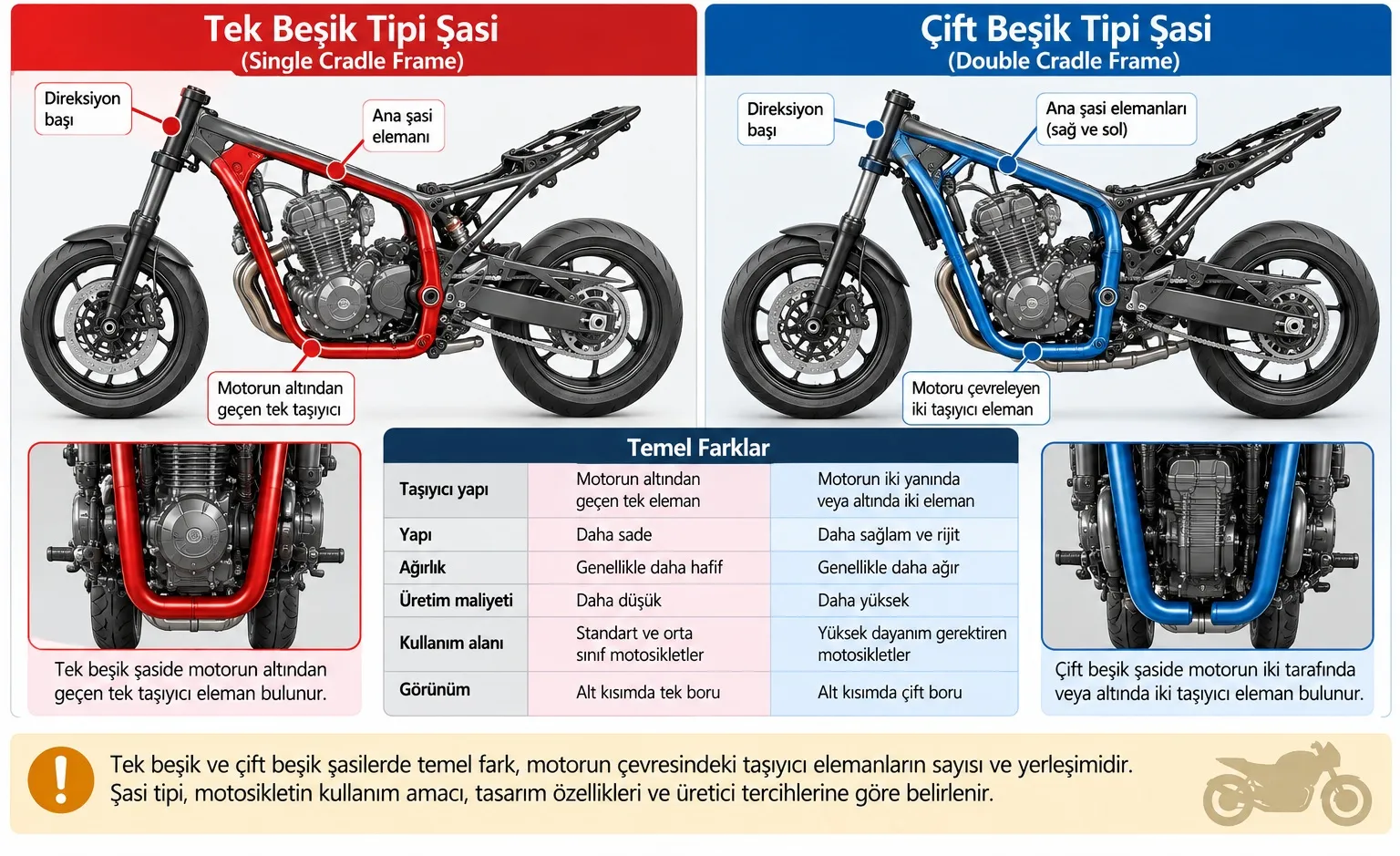 Tek beşik ve çift beşik motosiklet şasisi arasındaki yapısal farklar