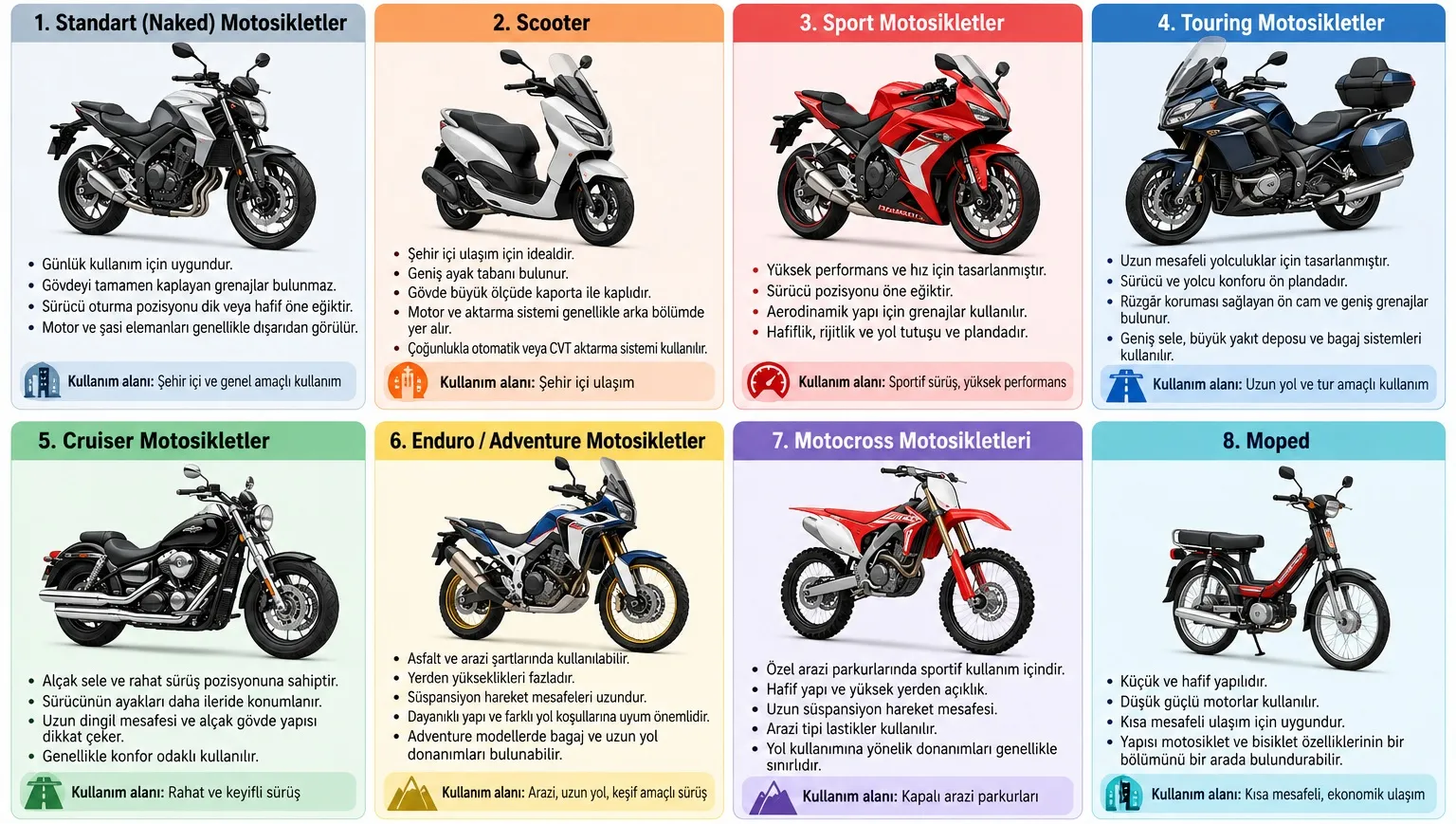 Yapılarına ve kullanım amaçlarına göre motosiklet çeşitleri