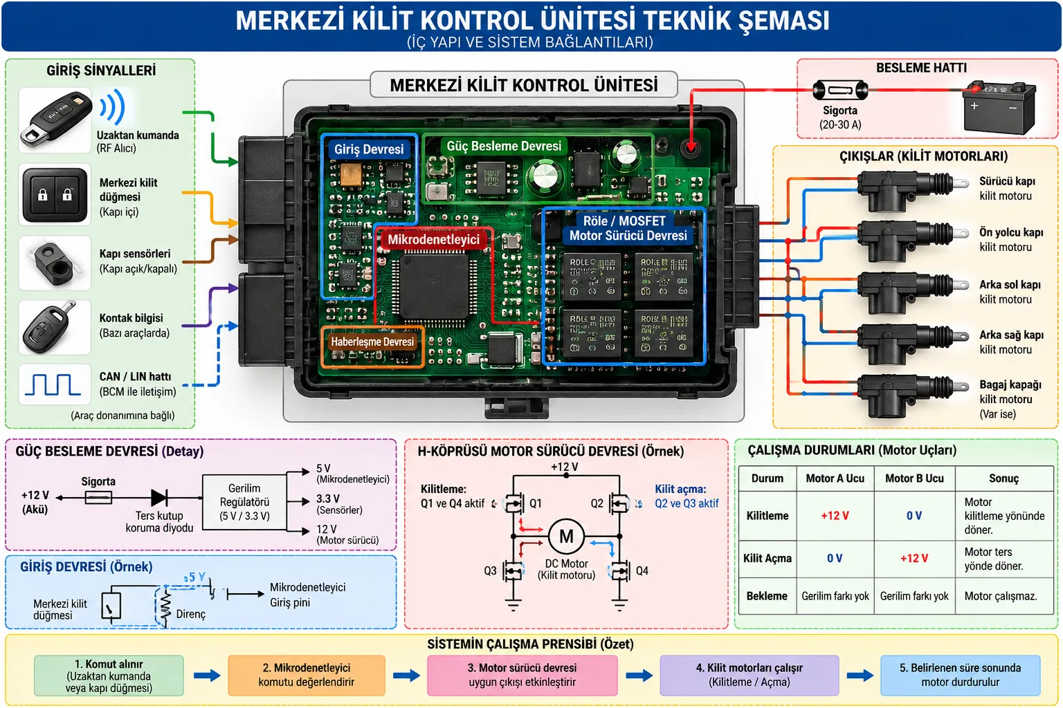 Merkezi kilit kontrol ünitesi iç yapısı ve elektronik devre şeması